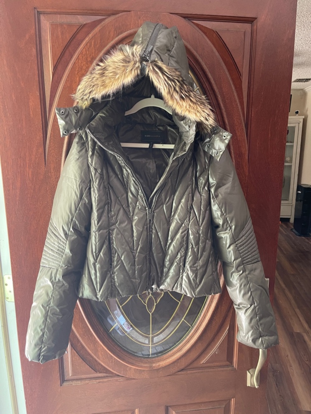 BCBG MAXAZRIA Olive Quilted Hooded Jacket with Faux Fur Trim